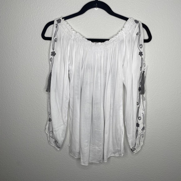 North Shore White Flowy Boho Embroidered Long Sleeve Tunic Top Shirt One Size - Picture 2 of 11